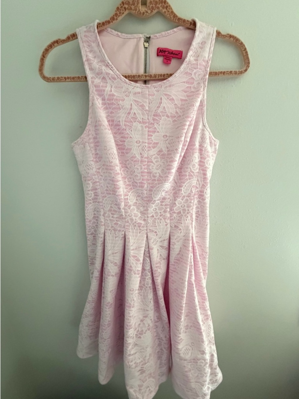 Betsey Johnson Striped Dress with Lace Overlay Size 6 Pink/White